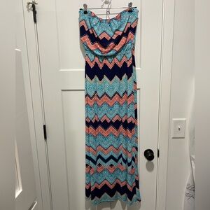 Strapless Chevron Maxi Dress in Blue and Coral